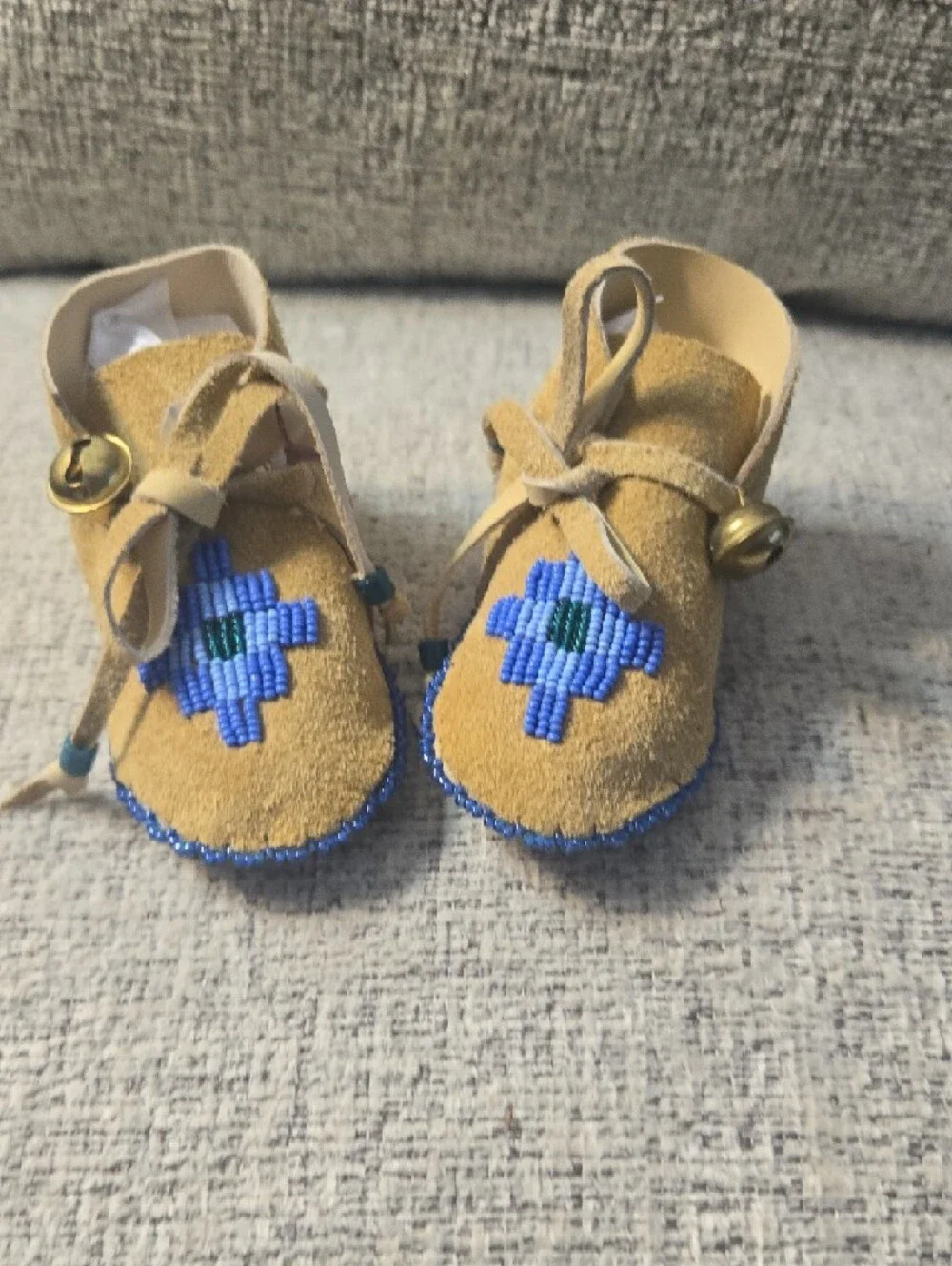Baby Beaded Moccasins Artisan Handmade Tan with Blue Diamond Accent 4